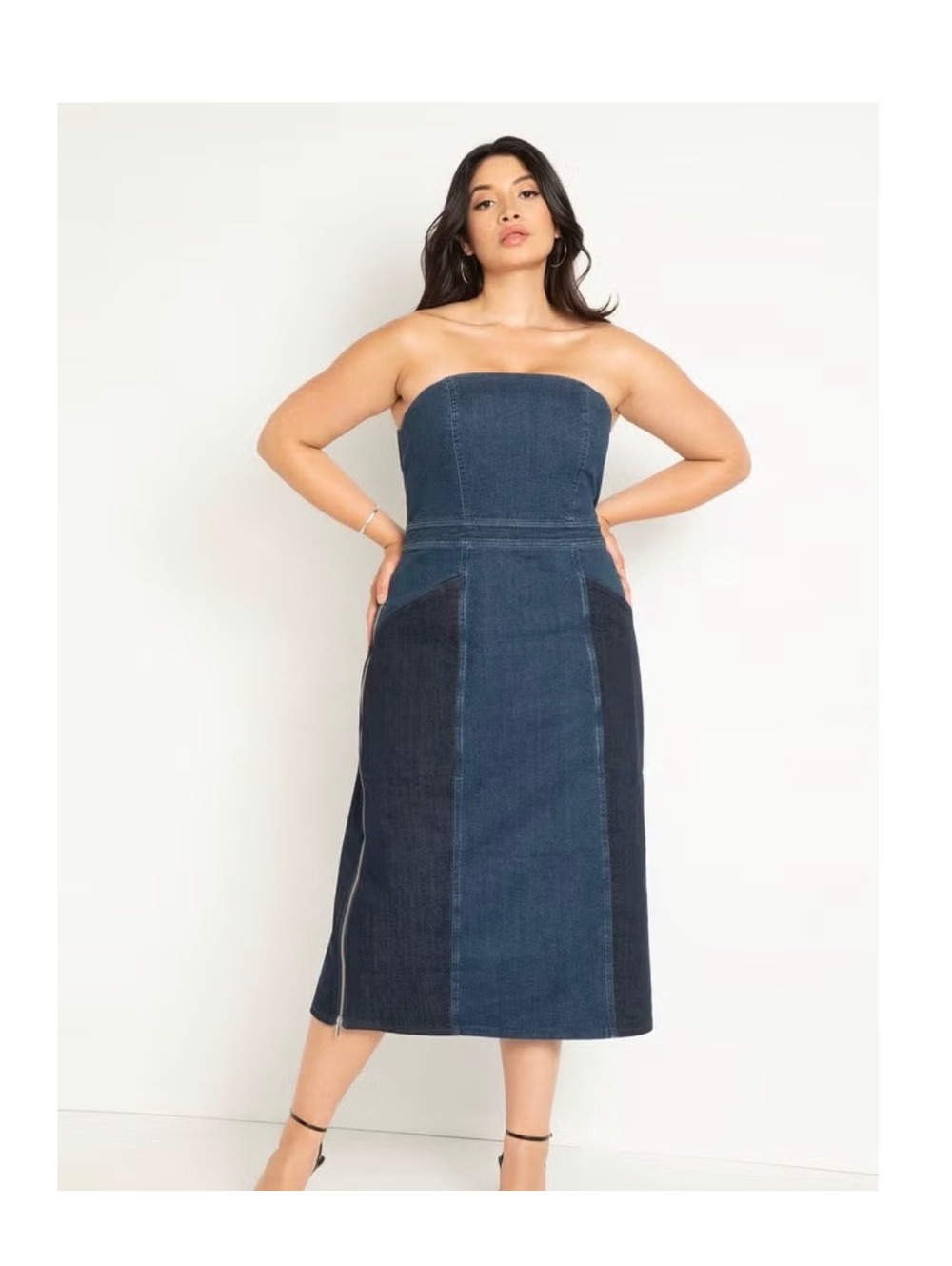 Eloquii Strapless Colorblock Denim Midi Dress Size 22 - Picture 1 of 6